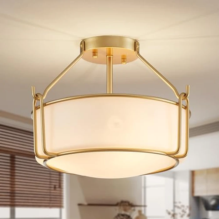 WUZUPS Chandelier 3-Light Semi-Flush Mount Ceiling Light Frosted White Glass Shade Modern Lighting Fixture for Diningroom Hallway Kitchen Bathroom, H 10" x W 14.8", E12 Base, Gold by WUZUPS - Image 1