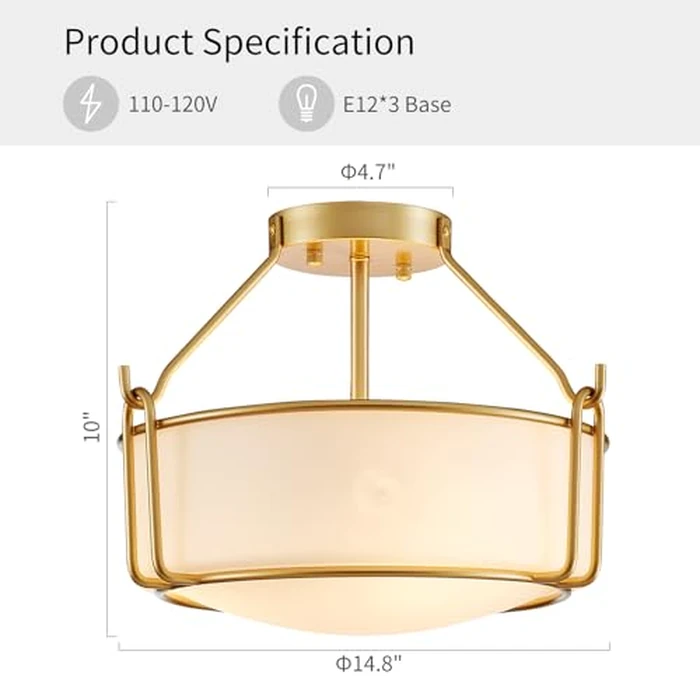 WUZUPS Chandelier 3-Light Semi-Flush Mount Ceiling Light Frosted White Glass Shade Modern Lighting Fixture for Diningroom Hallway Kitchen Bathroom, H 10" x W 14.8", E12 Base, Gold by WUZUPS - Image 2
