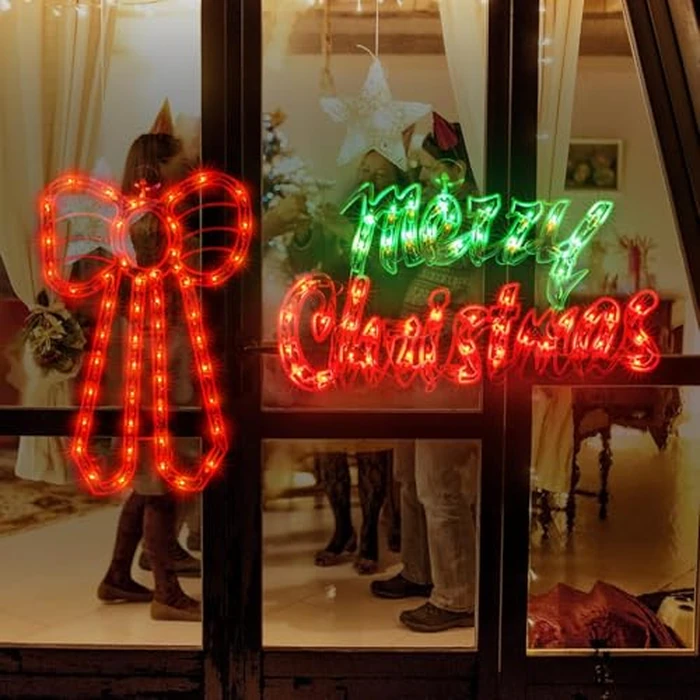 LAMPHOME 2 Pack Lighted Window Silhouette Lights Decorations,Merry Christmas and Bow Window Sculpture Decoration for Party,Home,Patio Lawn,Garden by LAMPHOME - Used - Like New condition