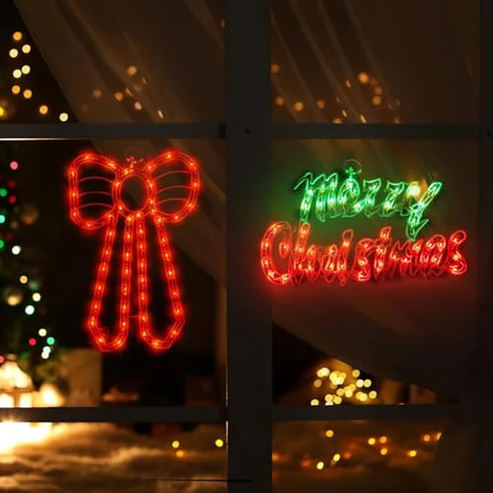 LAMPHOME 2 Pack Lighted Window Silhouette Lights Decorations,Merry Christmas and Bow Window Sculpture Decoration for Party,Home,Patio Lawn,Garden by LAMPHOME - Image 2