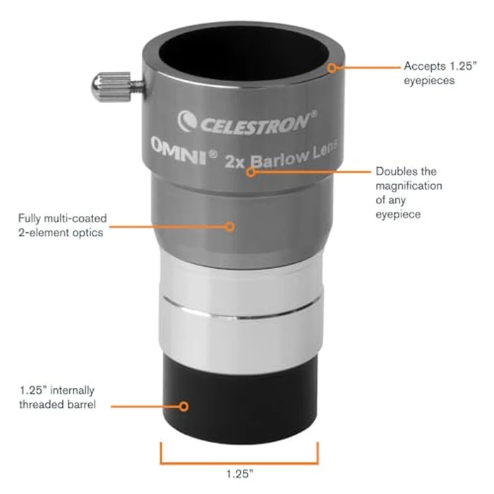 Celestron 93326 Omni Barlow Lens, Silver, 2 x 1.25 Inch by Celestron - Image 2