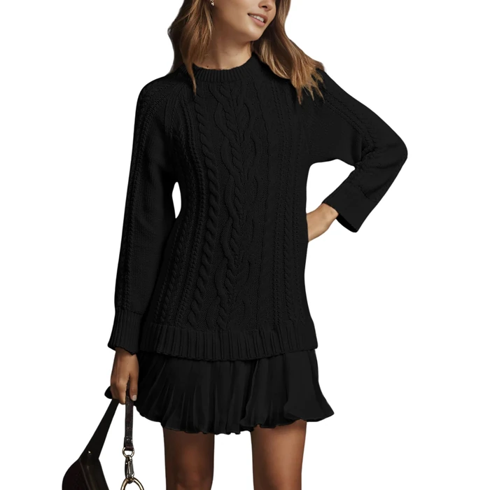 MINSURE Women Cable Knit Sweater Dress Crewneck Long Sleeve Pleated Mini Dress Twofer Style Patchwork Dress(Black-S) by MINSURE - Used - Like New condition - US$52.24