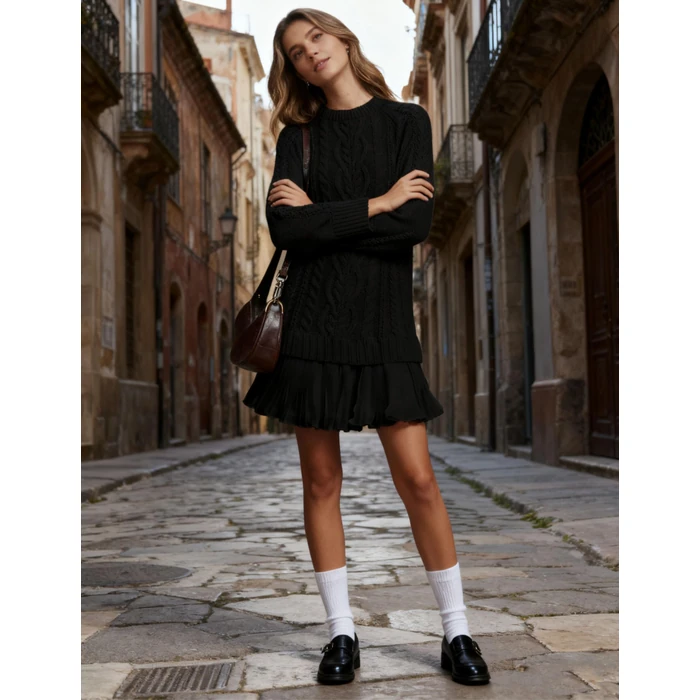 MINSURE Women Cable Knit Sweater Dress Crewneck Long Sleeve Pleated Mini Dress Twofer Style Patchwork Dress(Black-S) by MINSURE - Image 3