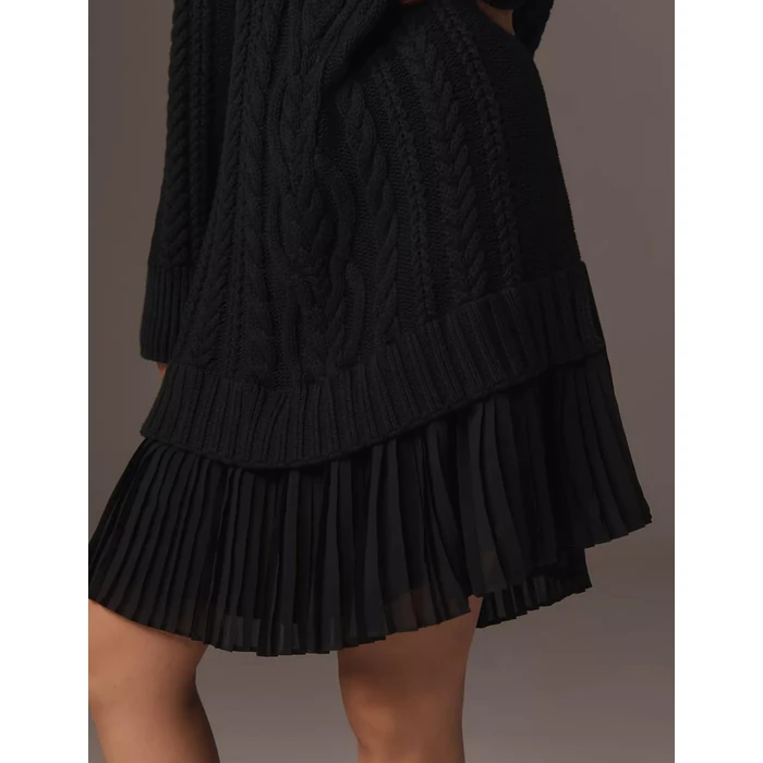 MINSURE Women Cable Knit Sweater Dress Crewneck Long Sleeve Pleated Mini Dress Twofer Style Patchwork Dress(Black-S) by MINSURE - Image 4