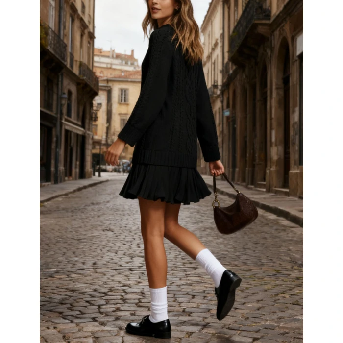 MINSURE Women Cable Knit Sweater Dress Crewneck Long Sleeve Pleated Mini Dress Twofer Style Patchwork Dress(Black-S) by MINSURE - Image 5