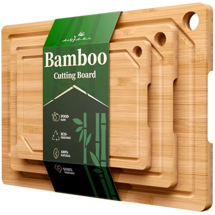 Kitsure Cutting Board Set - Cross-Laminated Bamboo Cutting Boards for Kitchen with Juice Grooves and Built-in Handles, Ideal Kitchen Gadgets for Versatile Prep & Serving, 3-Piece, Nature by Kitsure - Used - Like New condition - CA$27.27