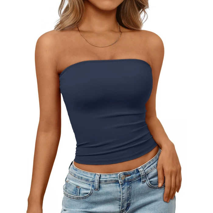 Trendy Queen Womens Strapless Tube Tops Basic Backless Sleeveless Bandeau Going Out Crop Tops Cute 2026 Summer Clothes Navy M by Trendy Queen - Used - Like New condition - US$13.87