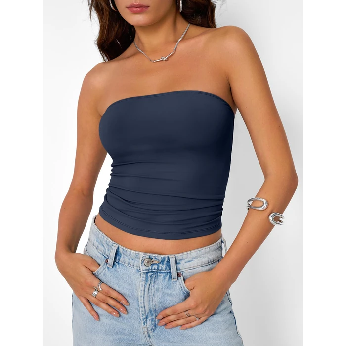 Trendy Queen Womens Strapless Tube Tops Basic Backless Sleeveless Bandeau Going Out Crop Tops Cute 2026 Summer Clothes Navy M by Trendy Queen - Image 2
