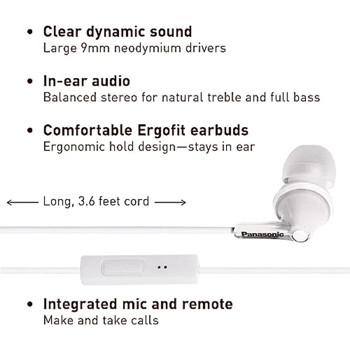 Panasonic ErgoFit Wired Earbuds With Microphone, 3.5mm Jack Wired Headphones with Mic and Call Controller, Ergonomic Custom-Fit Earpieces (S/M/L), for Phones and Laptops - RP-TCM125-W (White) by Panasonic - Image 2