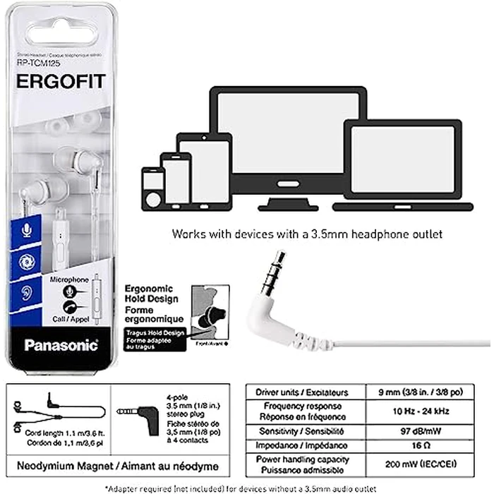 Panasonic ErgoFit Wired Earbuds With Microphone, 3.5mm Jack Wired Headphones with Mic and Call Controller, Ergonomic Custom-Fit Earpieces (S/M/L), for Phones and Laptops - RP-TCM125-W (White) by Panasonic - Image 7