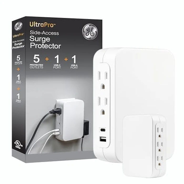 GE USB C 5 Outlet Extender, Side-Access, Wall Tap Surge Protector, Multi-Plug, USB A, 3-Prong, Secure Install, White, 83503 by GE - Used - Very Good condition - US$14.05