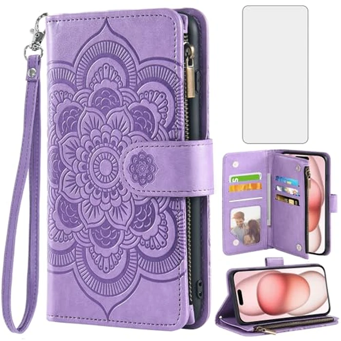 Asuwish Compatible with iPhone 15 6.1 inch Wallet Case and Tempered Glass Screen Protector Flower Leather Flip Credit Card Holder Cell Phone Cover for iPhone15 5G i i-Phone i15 15Case Women Men Purple by Asuwish - Image 1