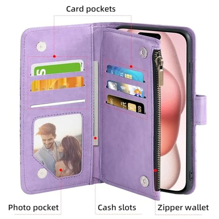 Asuwish Compatible with iPhone 15 6.1 inch Wallet Case and Tempered Glass Screen Protector Flower Leather Flip Credit Card Holder Cell Phone Cover for iPhone15 5G i i-Phone i15 15Case Women Men Purple by Asuwish - Image 3