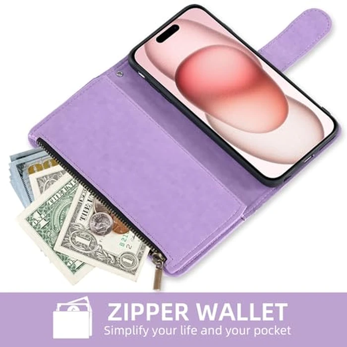 Asuwish Compatible with iPhone 15 6.1 inch Wallet Case and Tempered Glass Screen Protector Flower Leather Flip Credit Card Holder Cell Phone Cover for iPhone15 5G i i-Phone i15 15Case Women Men Purple by Asuwish - Image 5