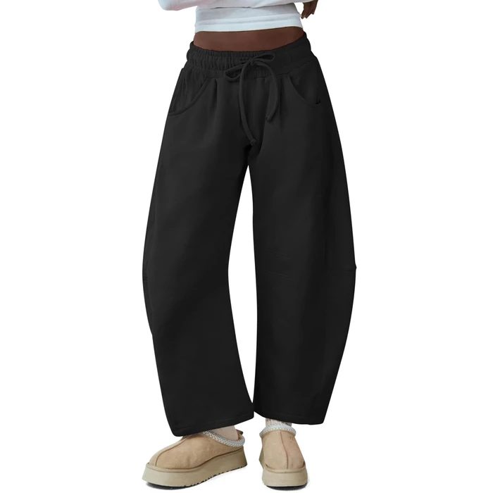 HeSaYep Women's Barrel Leg Sweatpants Drawstring Wide Leg Lounge Pants Baggy Casual Cotton Sweat Pants with Pockets,Black M by HeSaYep - Used - Like New condition