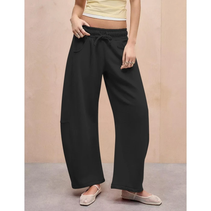 HeSaYep Women's Barrel Leg Sweatpants Drawstring Wide Leg Lounge Pants Baggy Casual Cotton Sweat Pants with Pockets,Black M by HeSaYep - Image 3