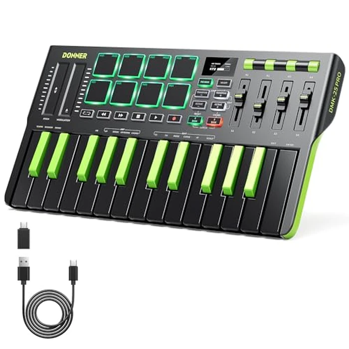 Donner DMK25 Pro MIDI Keyboard Controller, 25 Mini Key Portable USB-C MIDI Controller with 8 Drum Pads, OLED Display, Personalized Touch Bar, Music Production Software and 40 Teaching Courses, Green by Donner - Used - Like New condition - US$71.24