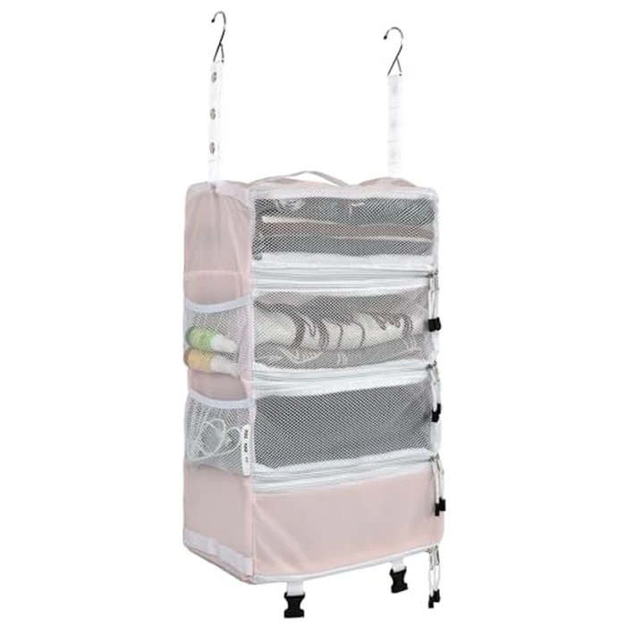 Surblue Travel Hanging Luggage Organizer Portable Suitcase Closet Organizer Multiple Compartments Collapsible Compression Packing Cubes Shelf, Pink,M by Surblue - Used - Very Good condition - CA$24.25