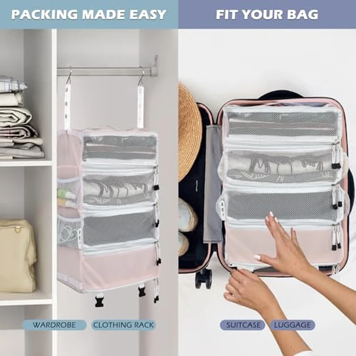 Surblue Travel Hanging Luggage Organizer Portable Suitcase Closet Organizer Multiple Compartments Collapsible Compression Packing Cubes Shelf, Pink,M by Surblue - Image 2