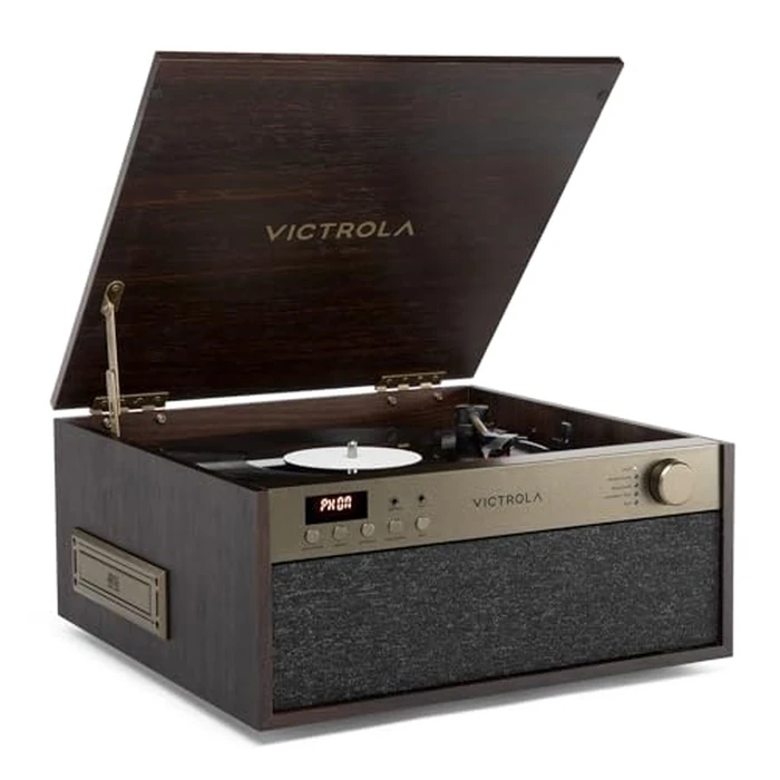 Victrola Century Essential - 5-in-1 Vinyl Record Player & Music Center - 3-Speed Turntable, CD Player, VINYLSTREAM, Bluetooth & 3.5mm Aux, Record Player with Speakers, Mid Century Design (Espresso) by Victrola - Used - Good condition