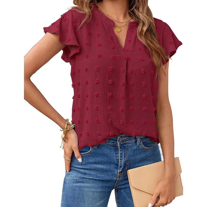 MEROKEETY Women's 2026 Spring V Neck Ruffle Short Sleeve Blouse Summer Swiss Dot Dressy Casual Flowy Shirt Tunic Top, WineRed, Small by MEROKEETY - Used - Like New condition - US$18.99
