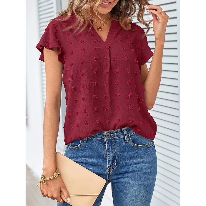 MEROKEETY Women's 2026 Spring V Neck Ruffle Short Sleeve Blouse Summer Swiss Dot Dressy Casual Flowy Shirt Tunic Top, WineRed, Small by MEROKEETY - Image 2