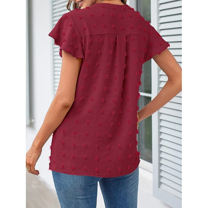MEROKEETY Women's 2026 Spring V Neck Ruffle Short Sleeve Blouse Summer Swiss Dot Dressy Casual Flowy Shirt Tunic Top, WineRed, Small by MEROKEETY - Image 3