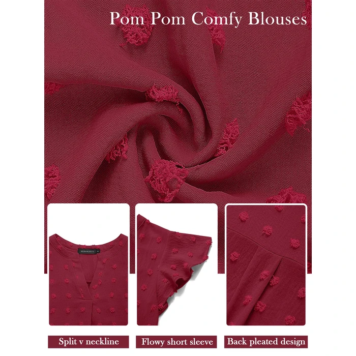 MEROKEETY Women's 2026 Spring V Neck Ruffle Short Sleeve Blouse Summer Swiss Dot Dressy Casual Flowy Shirt Tunic Top, WineRed, Small by MEROKEETY - Image 4