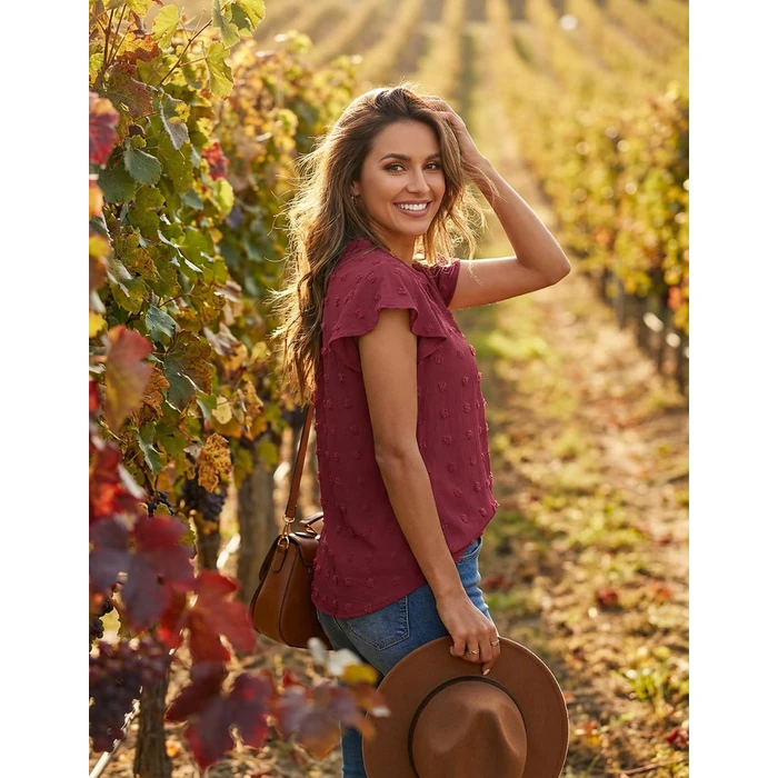 MEROKEETY Women's 2026 Spring V Neck Ruffle Short Sleeve Blouse Summer Swiss Dot Dressy Casual Flowy Shirt Tunic Top, WineRed, Small by MEROKEETY - Image 5