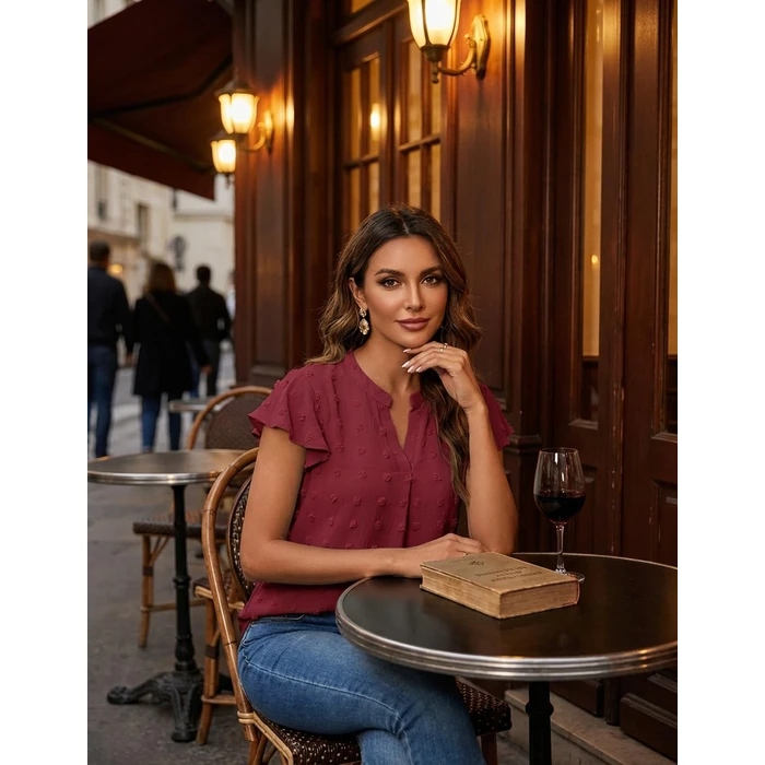 MEROKEETY Women's 2026 Spring V Neck Ruffle Short Sleeve Blouse Summer Swiss Dot Dressy Casual Flowy Shirt Tunic Top, WineRed, Small by MEROKEETY - Image 6