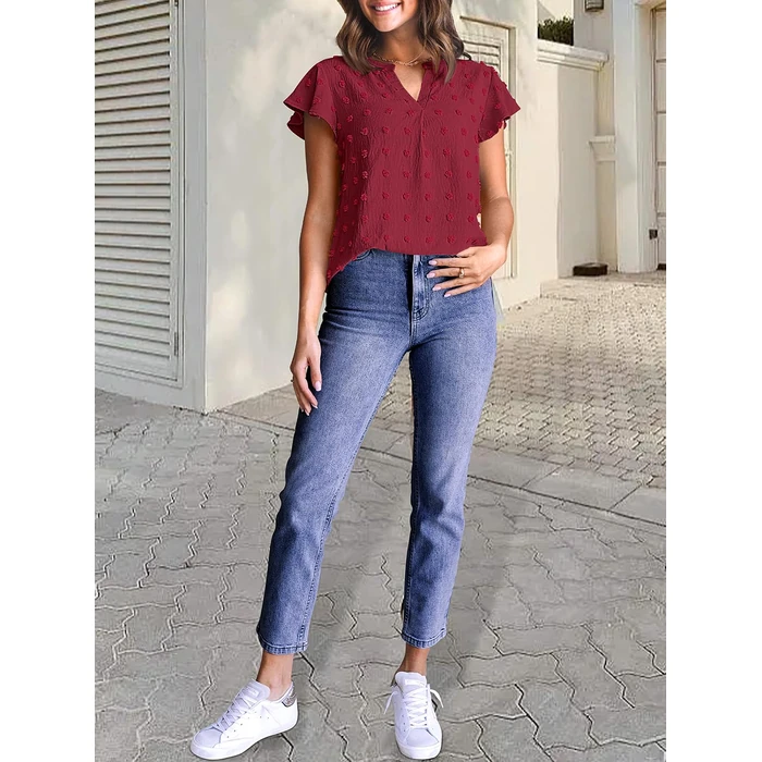 MEROKEETY Women's 2026 Spring V Neck Ruffle Short Sleeve Blouse Summer Swiss Dot Dressy Casual Flowy Shirt Tunic Top, WineRed, Small by MEROKEETY - Image 8