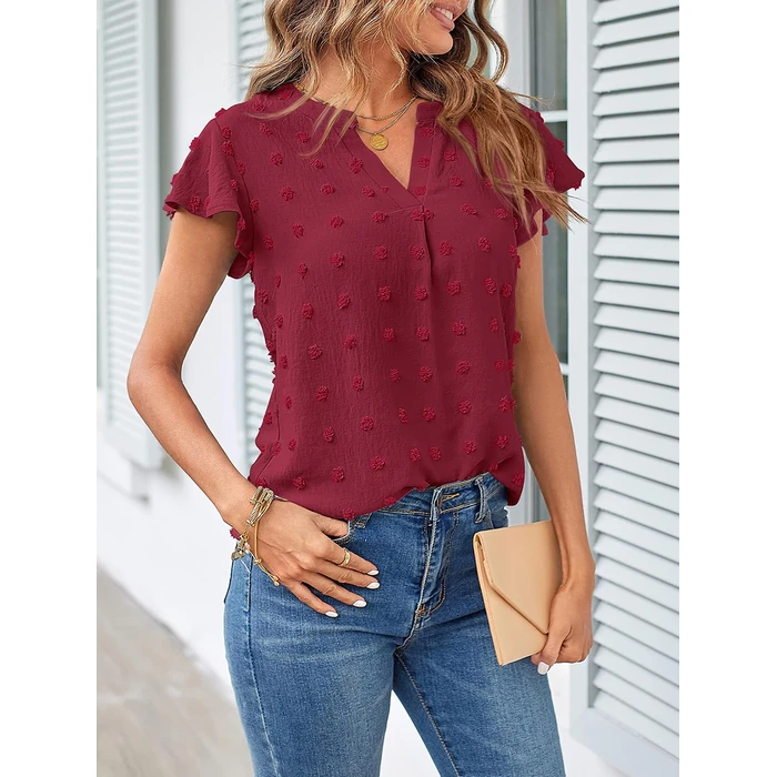 MEROKEETY Women's 2026 Spring V Neck Ruffle Short Sleeve Blouse Summer Swiss Dot Dressy Casual Flowy Shirt Tunic Top, WineRed, Small by MEROKEETY - Image 9