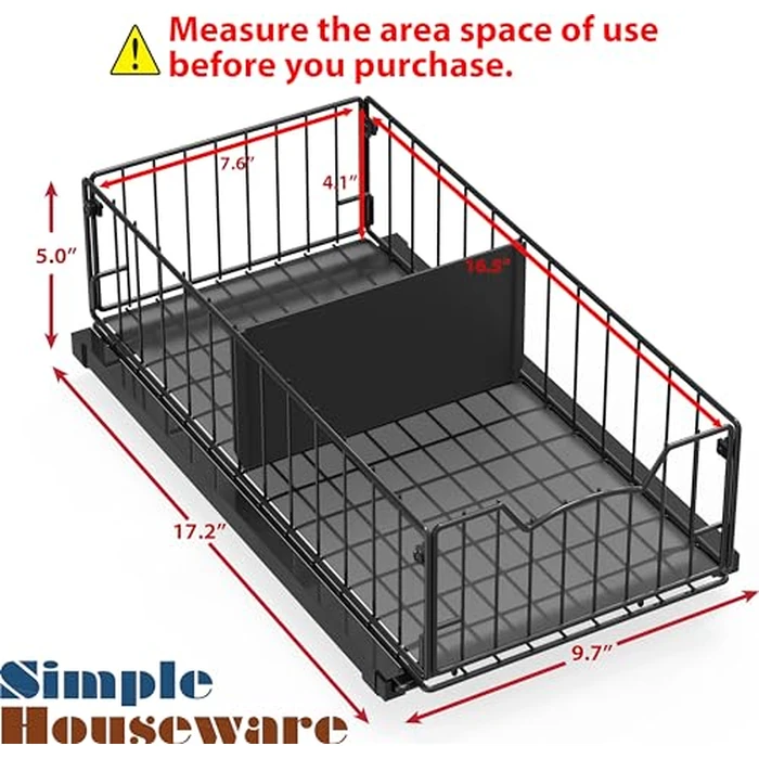 Simple Houseware Pull-Out Cabinet Sliding Basket Organizer, 17.2" D x 9.7" W x 5" H - Black, Ideal for Kitchen and Bathroom Cabinet Storage, Under Sink or Pantry Organization by Simple Houseware - Image 2