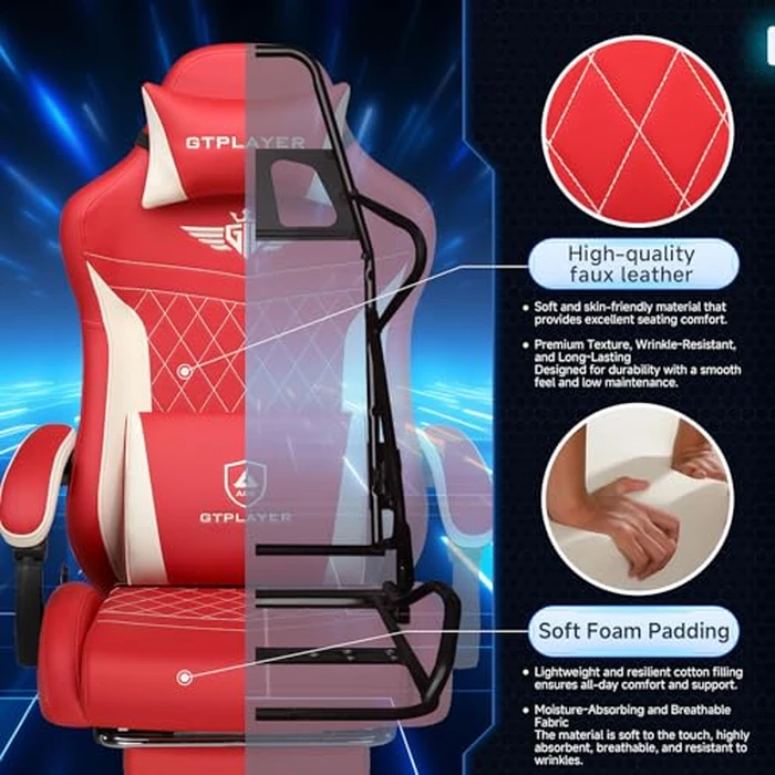 GTPLAYER Gaming Chair, Video Game Chairs with Footrest and Lumbar Support, Computer Chair for Adults with Extended Backrest, Ergonomic Reclining Silla Gamer, PU-Leather, Red by GTPLAYER - Image 4