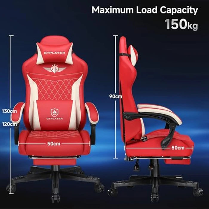 GTPLAYER Gaming Chair, Video Game Chairs with Footrest and Lumbar Support, Computer Chair for Adults with Extended Backrest, Ergonomic Reclining Silla Gamer, PU-Leather, Red by GTPLAYER - Image 7