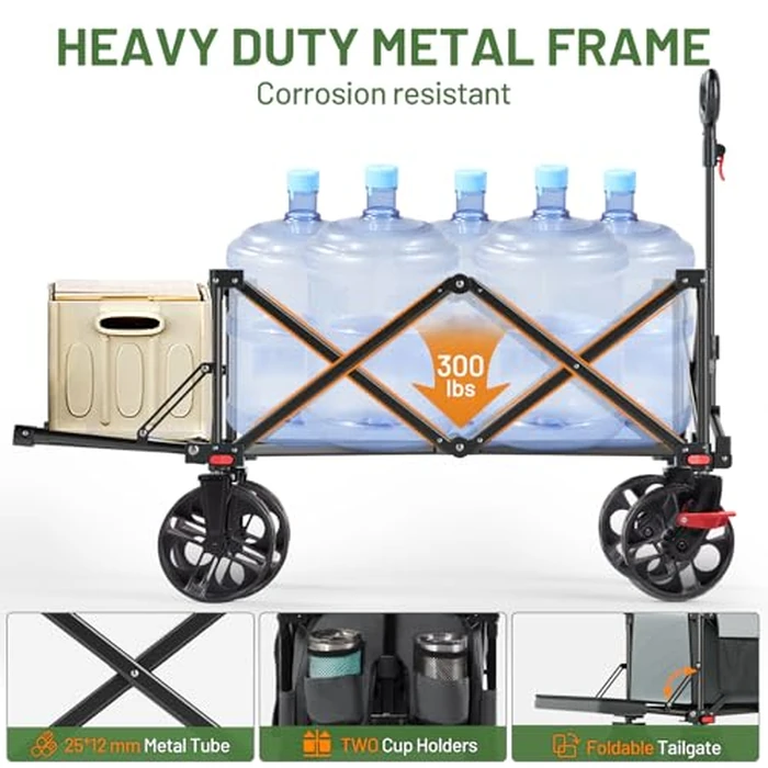 Timber Ridge 47" L Collapsible Folding Wagon with Tailgate, 300 lbs Heavy Duty Beach Wagon with All-Terrain Big Wheels, 250L Foldable Utility Cart for Sand Camping Sports Shopping, Grey by TIMBER RIDGE - Image 4