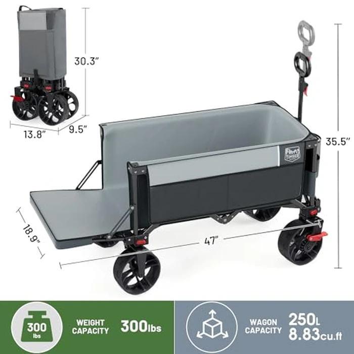 Timber Ridge 47" L Collapsible Folding Wagon with Tailgate, 300 lbs Heavy Duty Beach Wagon with All-Terrain Big Wheels, 250L Foldable Utility Cart for Sand Camping Sports Shopping, Grey by TIMBER RIDGE - Image 6