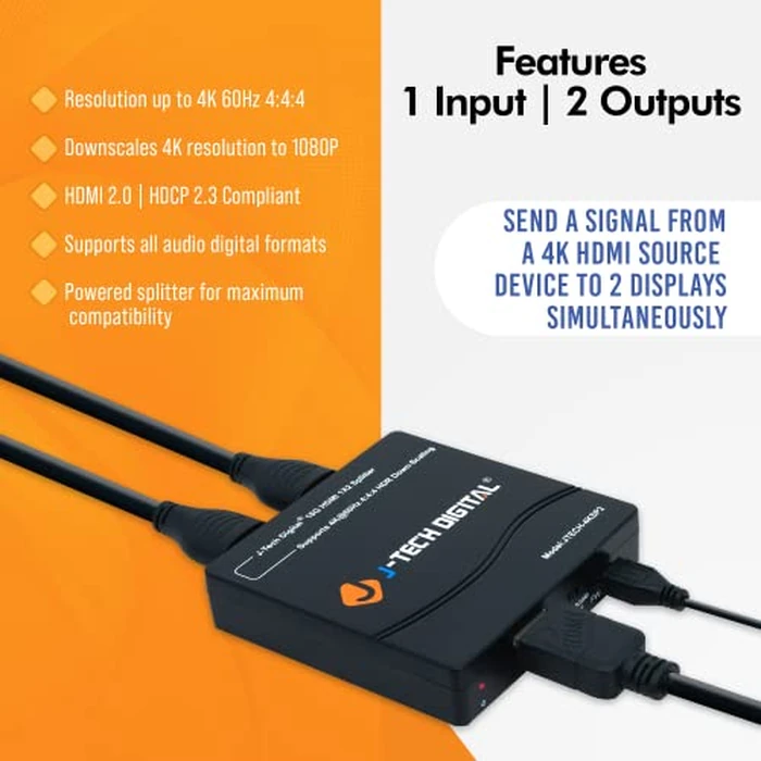 J-Tech Digital HDMI Splitter 1 in 2 Out 4K 60Hz Multi-Resolution Output (MRO) HDMI 2.0 Splitter Supports Downscale HDR HDR10 / Dolby Vision 4K@60Hz 4:4:4 HDCP2.3 2.2 (JTECH-4KSP2) by J-Tech Digital - Image 2
