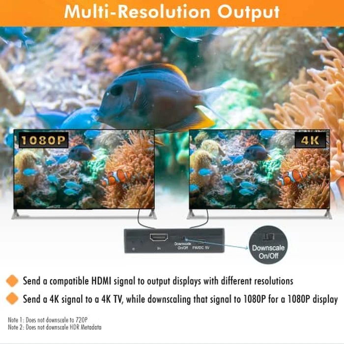 J-Tech Digital HDMI Splitter 1 in 2 Out 4K 60Hz Multi-Resolution Output (MRO) HDMI 2.0 Splitter Supports Downscale HDR HDR10 / Dolby Vision 4K@60Hz 4:4:4 HDCP2.3 2.2 (JTECH-4KSP2) by J-Tech Digital - Image 4
