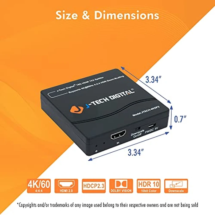 J-Tech Digital HDMI Splitter 1 in 2 Out 4K 60Hz Multi-Resolution Output (MRO) HDMI 2.0 Splitter Supports Downscale HDR HDR10 / Dolby Vision 4K@60Hz 4:4:4 HDCP2.3 2.2 (JTECH-4KSP2) by J-Tech Digital - Image 8