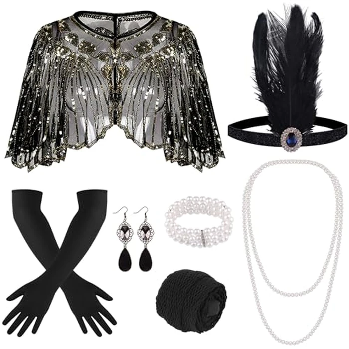 ELECLAND 10 Pieces 1920s Flapper Accessories Set Fashion Roaring 20's Theme Set with Headband Headpiece Long Black Gloves Necklace Earrings for Women (Black Gold) by ELECLAND - Used - Like New condition - US$18.29