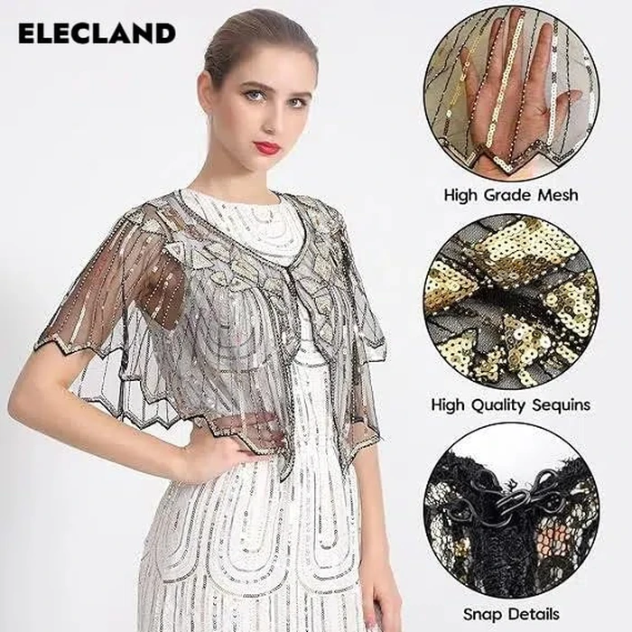 ELECLAND 10 Pieces 1920s Flapper Accessories Set Fashion Roaring 20's Theme Set with Headband Headpiece Long Black Gloves Necklace Earrings for Women (Black Gold) by ELECLAND - Image 2
