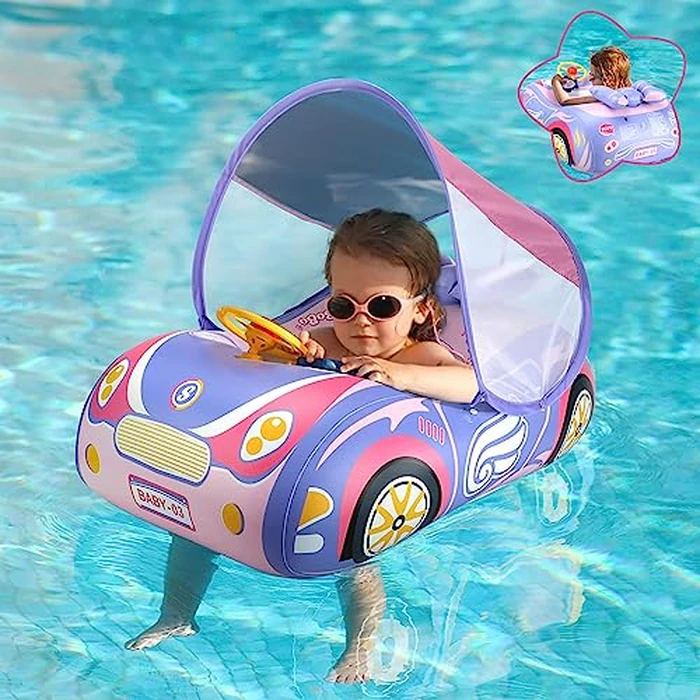 Baby Pool Float with Canopy, PVC Baby Swim Float with Sun Shade Cover, 3D Car Toddler Pool Float Swimming Floats Seat Boat for 12-18, 12-24 Months, Age 2-3, 1-4 Years (Pink Canopy) by BOffer - Image 1