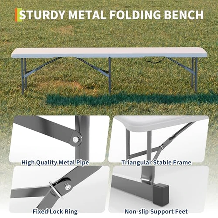 GarveeLife Portable Folding Bench 6 Foot 2 Pack, Plastic Foldable Bench HDPE BenchTop with Carrying Handle for Outdoor Picnic Camping Party Sports Activities - White by GarveeLife - Image 4