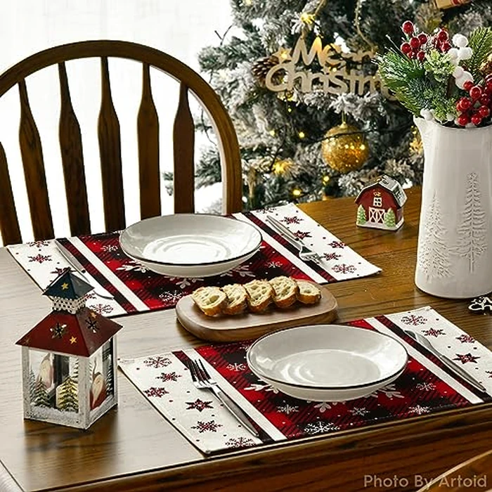 Artoid Mode Buffalo Plaid Snowflakes Winter Placemats Set of 8, 12x18 Inch Christmas Table Mats for Party Kitchen Dining Decoration by Artoid Mode - Image 4