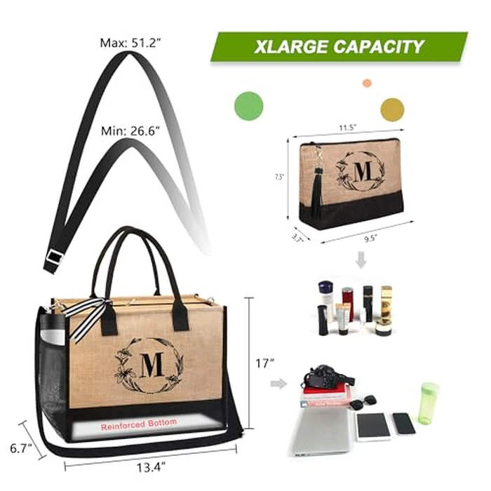 BeeGreen Beach Bag for Women Christmas Tote Bag for Friends Mother Bride Personalized Travel Tote Bag with Embroidery & Adjustable Shoulder Strap Grocery Bag L by BeeGreen - Image 3