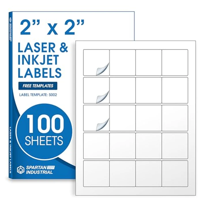 2" X 2" Square Printable Labels Compatible with Inkjet and Laser Printers - 100 Sheets, 2000 Matte White Paper Stickers for Logos, Product Labeling, and QR Codes - Spartan Industrial Template S002 by Spartan Industrial - Used - Acceptable condition - CA$15.77