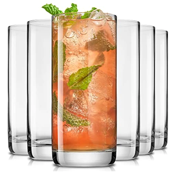 JoyJolt Faye 13oz Highball Glasses, 6pc Tall Glass Sets. Lead-Free Crystal Drinking Glasses. Water Glasses, Mojito Glass Cups, Tom Collins Bar Glassware, and Mixed Drink Cocktail Glass Set by JoyJolt - Used - Like New condition - US$18.04