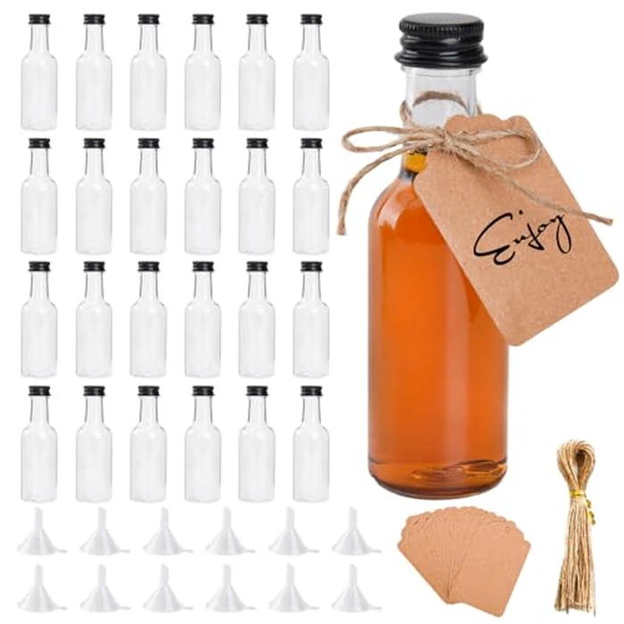 24 Pack Mini Liquor Bottles with Lids, Shot Bottles, Small Plastic Miniature Alcohol Bottles with 12 Funnels, Brush, 24 Tag and Ropes, Reusable Mini Bottles for Wine, Juice by V·Colokishi - Used - Good condition - CA$14.01