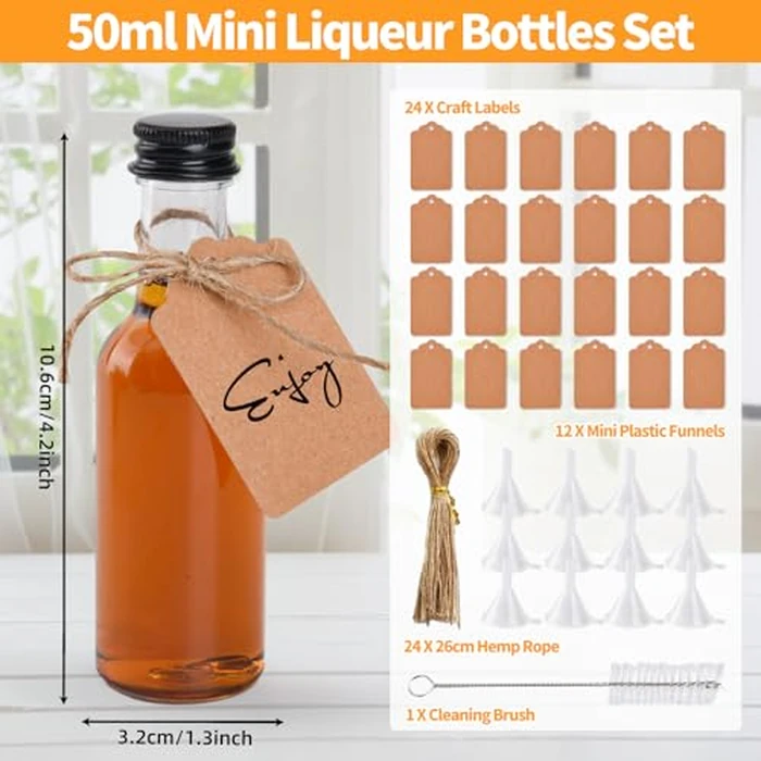 24 Pack Mini Liquor Bottles with Lids, Shot Bottles, Small Plastic Miniature Alcohol Bottles with 12 Funnels, Brush, 24 Tag and Ropes, Reusable Mini Bottles for Wine, Juice by V·Colokishi - Image 2